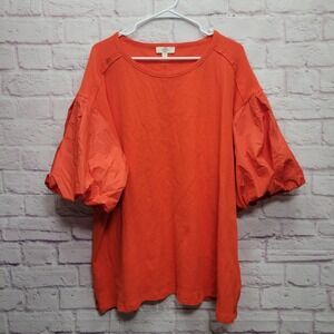 Entro Orange Waffle Knit‎ Puff Sleeve Blouse Sz 2X Preppy Boho Cottagecore Artsy